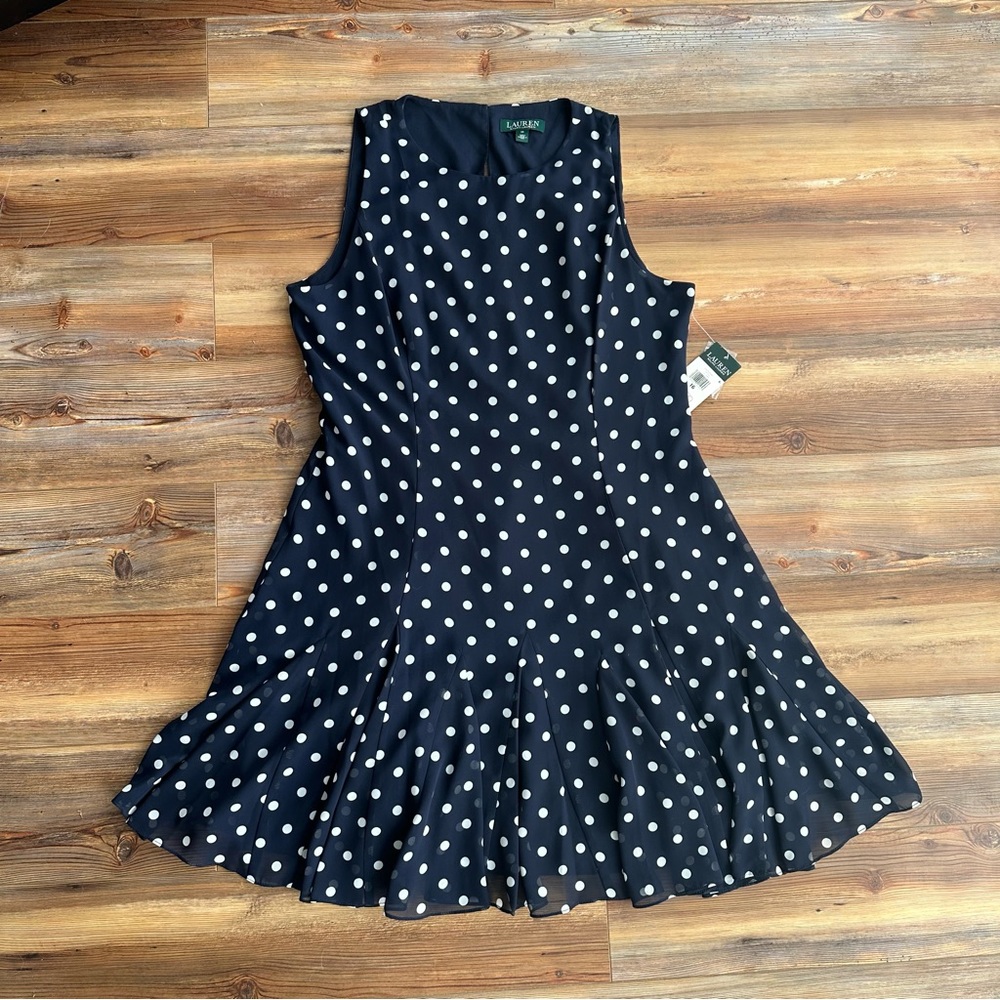 NWT Lauren Ralph Lauren Polka Dot Dress, Navy, Size 16